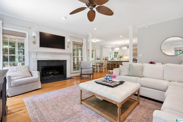 208 Maple Trce, Hoover, AL 35244 - living room featuring ornamental molding, ceiling fan, a fireplace with flush hearth, decorative columns, and wood finished floors
