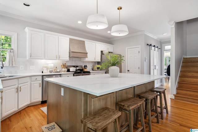 208 Maple Trce, Hoover, AL 35244 - kitchen with appliances with stainless steel finishes, custom range hood, a sink, a barn door, and healthy amount of natural light