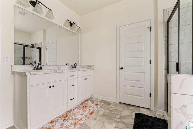 4865 Mae Beth Cir, Mount Olive, AL 35117 - bathroom featuring a stall shower, marble finish flooring, baseboards, and double vanity