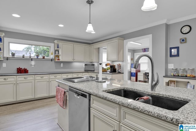 2028 Moncrief Rd, Gardendale, AL 35071 - kitchen featuring stainless steel dishwasher, a sink, open shelves, decorative light fixtures, and light wood-style floors