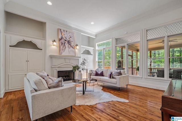 386 N Lake Rd, Birmingham, AL 35242 - living area featuring ornamental molding, wood finished floors, a fireplace, recessed lighting, and baseboards