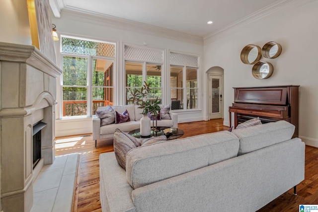 386 N Lake Rd, Birmingham, AL 35242 - living room with ornamental molding, plenty of natural light, arched walkways, wood finished floors, and recessed lighting