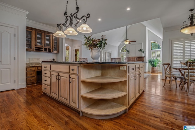 386 N Lake Rd, Birmingham, AL 35242 - kitchen featuring open shelves, dark wood-style floors, dark countertops, crown molding, and glass insert cabinets