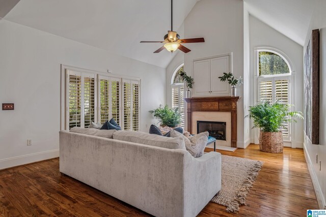 386 N Lake Rd, Birmingham, AL 35242 - living area featuring ceiling fan, baseboards, a high end fireplace, wood finished floors, and high vaulted ceiling