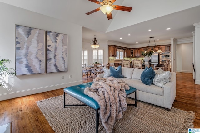 386 N Lake Rd, Birmingham, AL 35242 - living area featuring a ceiling fan, light wood finished floors, recessed lighting, crown molding, and vaulted ceiling