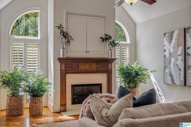 386 N Lake Rd, Birmingham, AL 35242 - living area with lofted ceiling, wood finished floors, ceiling fan, and a high end fireplace