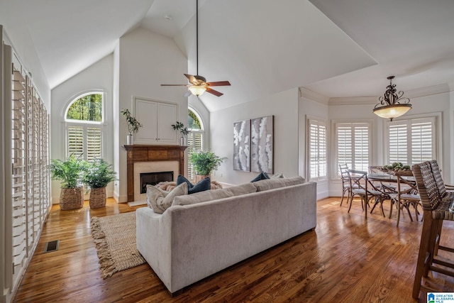 386 N Lake Rd, Birmingham, AL 35242 - living area featuring a fireplace, wood finished floors, vaulted ceiling, ceiling fan, and baseboards