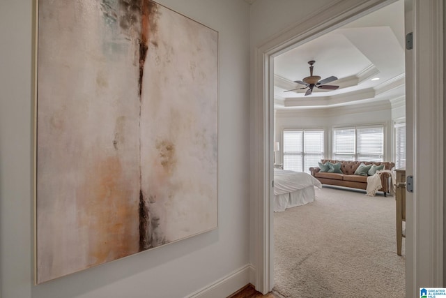 386 N Lake Rd, Birmingham, AL 35242 - hall featuring crown molding, a raised ceiling, baseboards, and carpet flooring