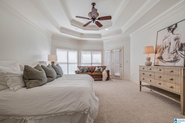 386 N Lake Rd, Birmingham, AL 35242 - carpeted bedroom featuring crown molding, a raised ceiling, access to exterior, and ceiling fan
