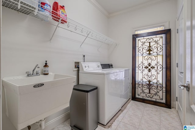 386 N Lake Rd, Birmingham, AL 35242 - laundry room featuring separate washer and dryer, crown molding, and light tile patterned floors