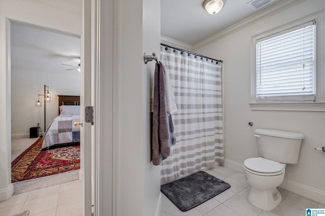 386 N Lake Rd, Birmingham, AL 35242 - ensuite bathroom featuring ornamental molding, toilet, a ceiling fan, baseboards, and tile patterned flooring
