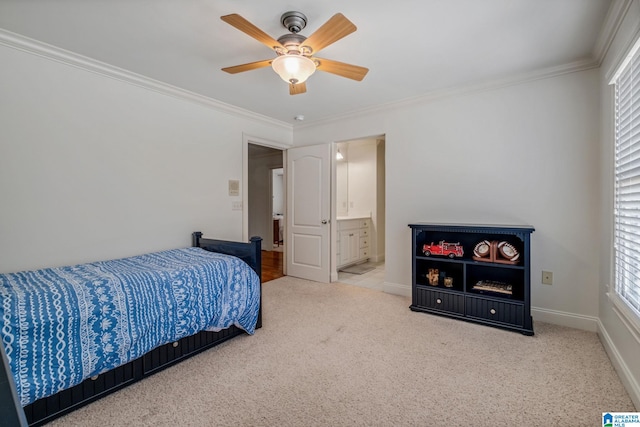 386 N Lake Rd, Birmingham, AL 35242 - carpeted bedroom with crown molding, baseboards, ceiling fan, and ensuite bathroom