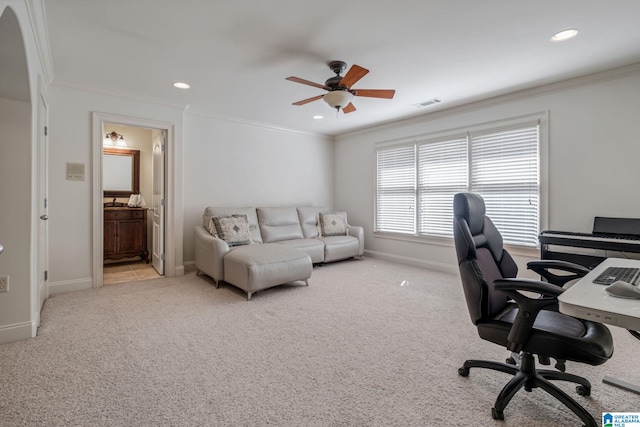 386 N Lake Rd, Birmingham, AL 35242 - carpeted office space featuring crown molding, ceiling fan, recessed lighting, and baseboards