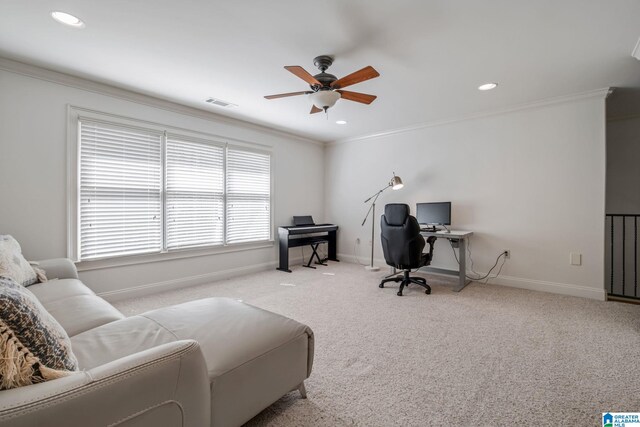 386 N Lake Rd, Birmingham, AL 35242 - office area with crown molding, a ceiling fan, baseboards, carpet flooring, and recessed lighting