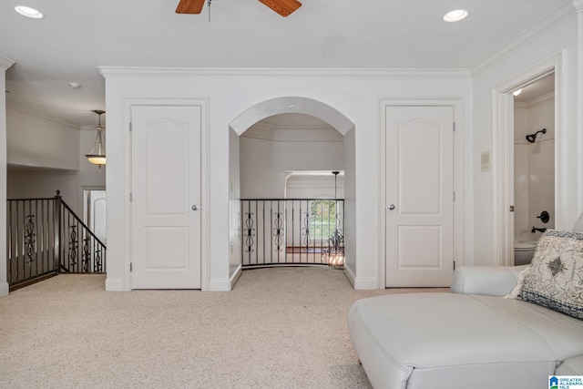 386 N Lake Rd, Birmingham, AL 35242 - sitting room featuring an upstairs landing, ornamental molding, baseboards, carpet floors, and recessed lighting