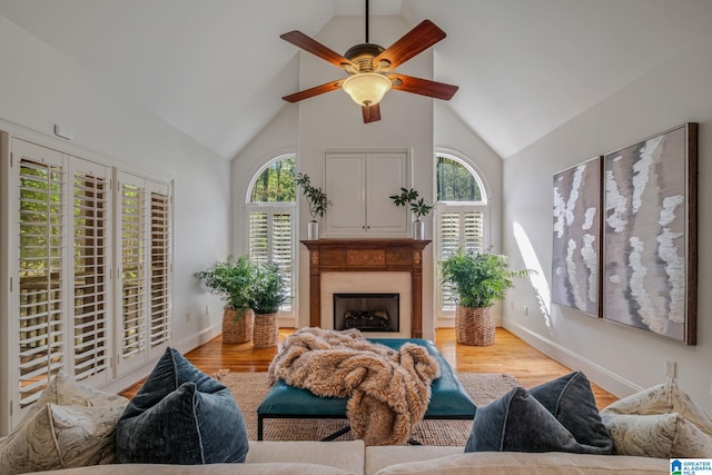 386 N Lake Rd, Birmingham, AL 35242 - living area with ceiling fan, healthy amount of natural light, a premium fireplace, wood finished floors, and high vaulted ceiling