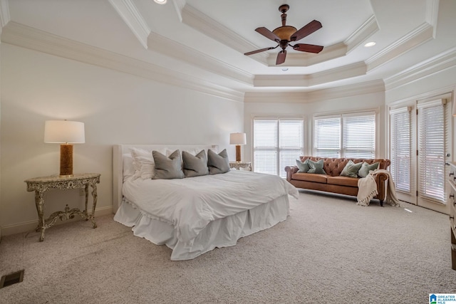 386 N Lake Rd, Birmingham, AL 35242 - carpeted bedroom featuring crown molding, a raised ceiling, a ceiling fan, and access to exterior