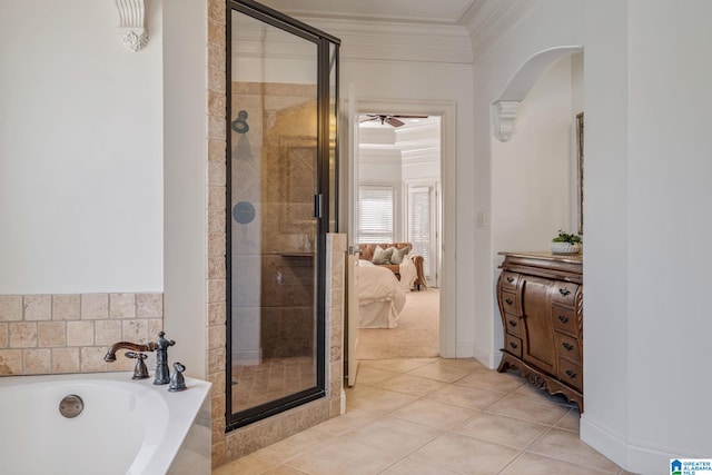 386 N Lake Rd, Birmingham, AL 35242 - ensuite bathroom with a shower stall, a bath, tile patterned floors, ornamental molding, and ceiling fan