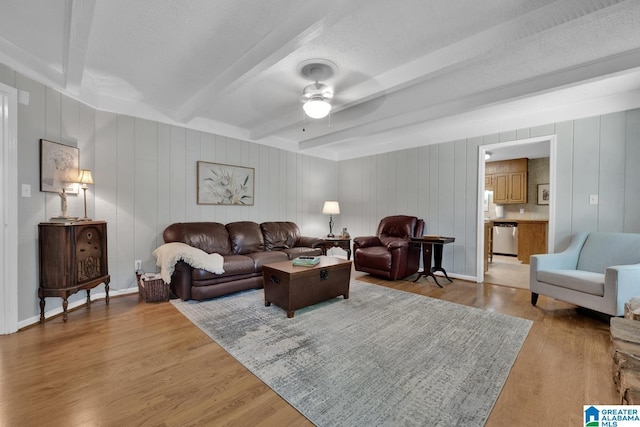 3258 Tyrol Ln, Vestavia Hills, AL 35216 - living room featuring beamed ceiling, ceiling fan, light wood-style flooring, and a textured ceiling