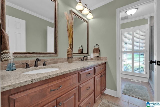 3258 Tyrol Ln, Vestavia Hills, AL 35216 - full bath featuring double vanity, ornamental molding, tile patterned flooring, and baseboards