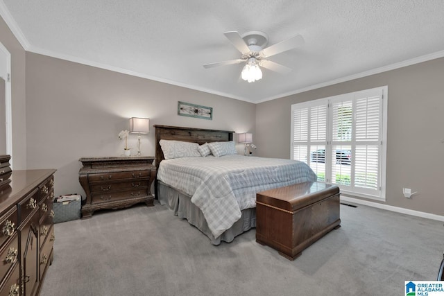 3258 Tyrol Ln, Vestavia Hills, AL 35216 - bedroom featuring light colored carpet, crown molding, a textured ceiling, ceiling fan, and baseboards