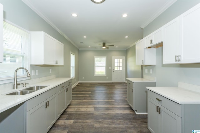 906 6th Ave W, Birmingham, AL 35204 - kitchen featuring a sink, ornamental molding, recessed lighting, a ceiling fan, and dark wood finished floors