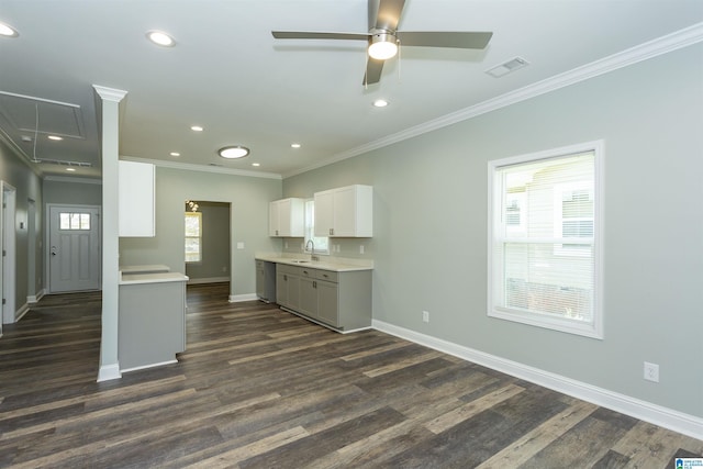 906 6th Ave W, Birmingham, AL 35204 - kitchen featuring a sink, gray cabinets, dark wood-style flooring, ornamental molding, and light countertops