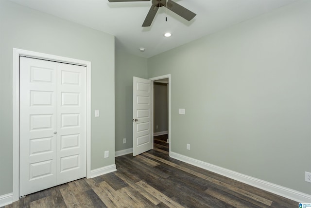 906 6th Ave W, Birmingham, AL 35204 - unfurnished bedroom featuring dark wood finished floors, baseboards, recessed lighting, a closet, and ceiling fan