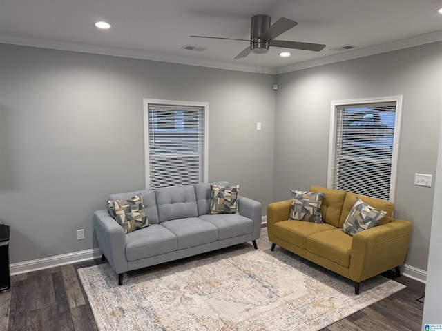 906 6th Ave W, Birmingham, AL 35204 - living room with crown molding, wood finished floors, a ceiling fan, recessed lighting, and baseboards