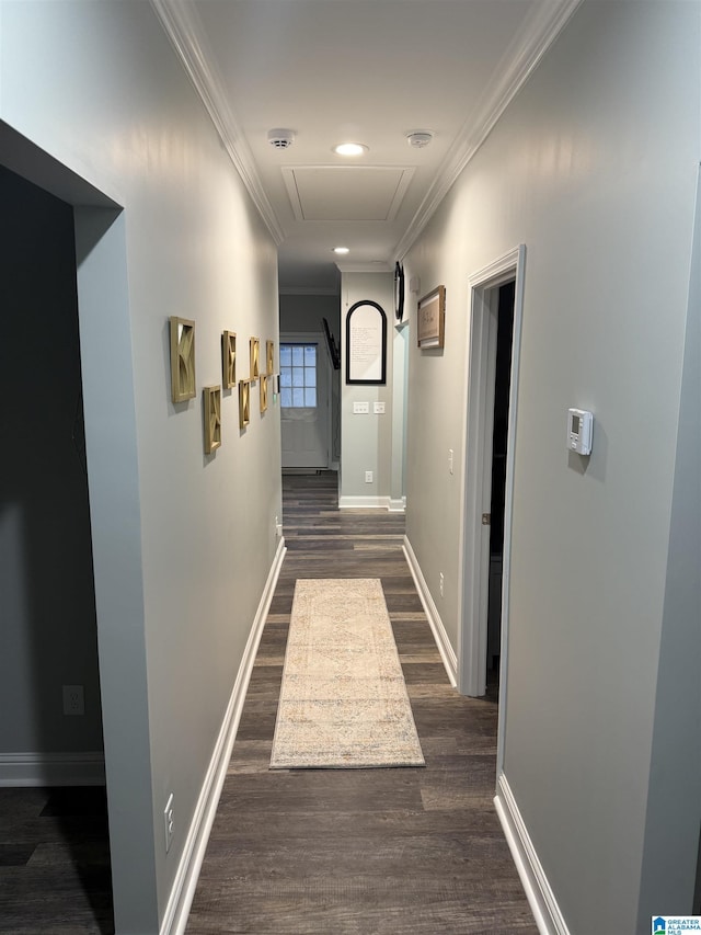 906 6th Ave W, Birmingham, AL 35204 - hallway featuring attic access, crown molding, dark wood-style flooring, baseboards, and recessed lighting