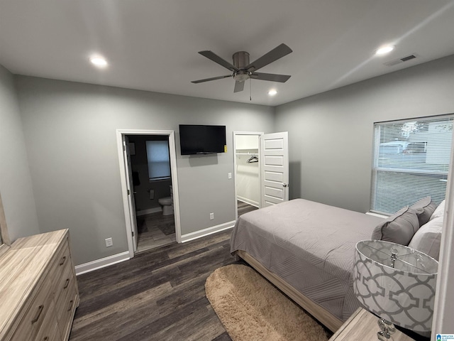 906 6th Ave W, Birmingham, AL 35204 - bedroom with dark wood finished floors, baseboards, recessed lighting, ensuite bathroom, and a ceiling fan