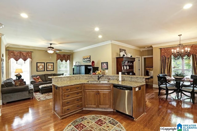 100 Jeff View Ct, Harvest, AL 35749 - kitchen featuring stainless steel dishwasher, a sink, healthy amount of natural light, open floor plan, and crown molding