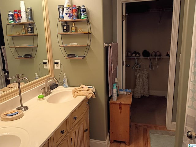115 Clover St, Odenville, AL 35120 - bathroom featuring double vanity, wood finished floors, a walk in closet, and baseboards