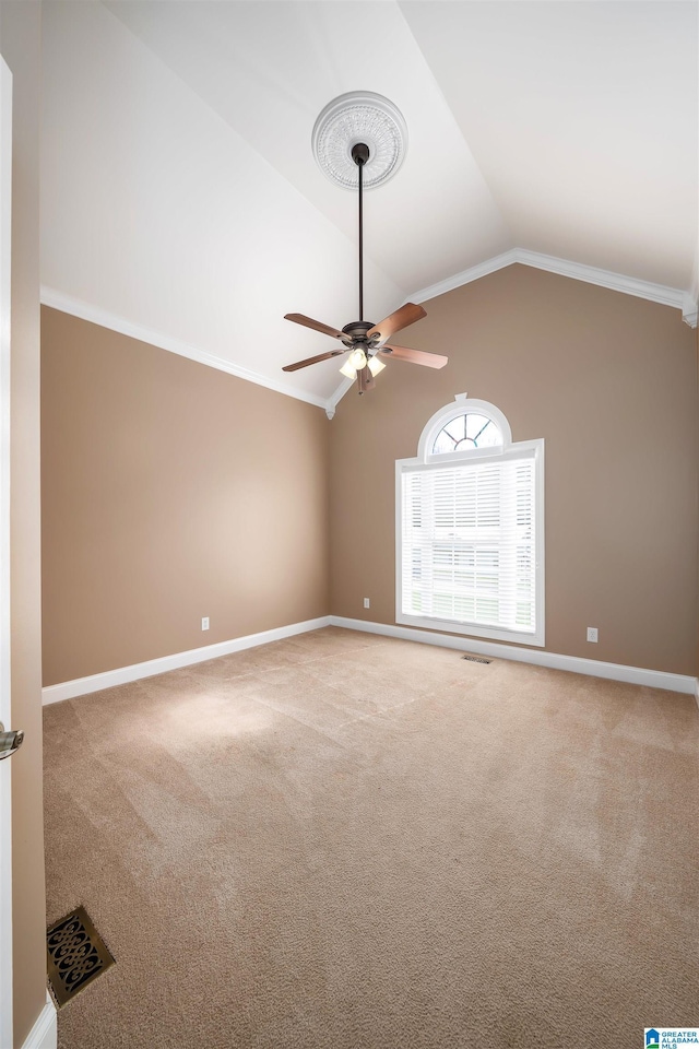 101 Mill Rd, Springville, AL 35146 - carpeted empty room featuring ceiling fan, vaulted ceiling, and crown molding