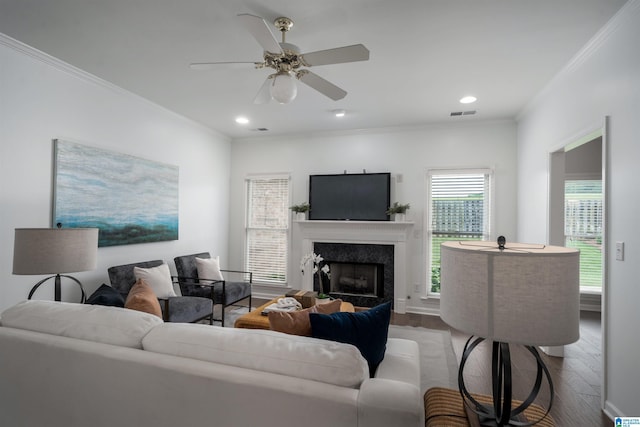 429 Eaton Rd, Hoover, AL 35242 - living room featuring crown molding, wood finished floors, a premium fireplace, recessed lighting, and ceiling fan