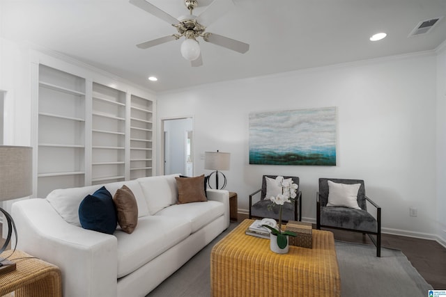 429 Eaton Rd, Hoover, AL 35242 - living room with baseboards, recessed lighting, ceiling fan, wood finished floors, and crown molding