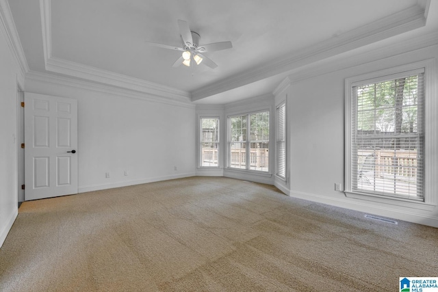 4728 Red Leaf Cir, Hoover, AL 35226 - empty room with a raised ceiling, ornamental molding, carpet flooring, a ceiling fan, and baseboards