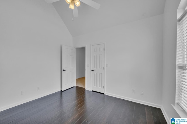 4728 Red Leaf Cir, Hoover, AL 35226 - empty room with ceiling fan, dark wood-type flooring, baseboards, and high vaulted ceiling