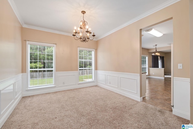 538 Forest Lakes Dr, Sterrett, AL 35147 - carpeted empty room with a chandelier, wainscoting, ornamental molding, and tile patterned floors