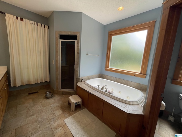 720 Good Hope Delta Rd, Delta, AL 36258 - bathroom with a shower stall, a whirlpool tub, vanity, toilet, and stone finish floors