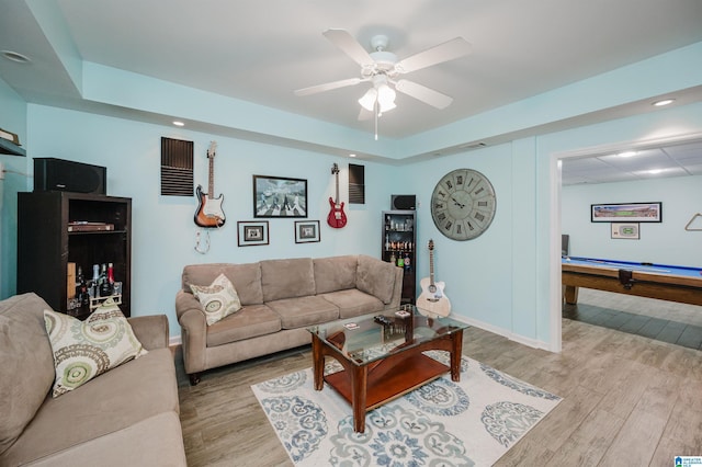 2246 Clairmont Dr, Leeds, AL 35094 - living area featuring wood finished floors, ceiling fan, billiards table, baseboards, and recessed lighting