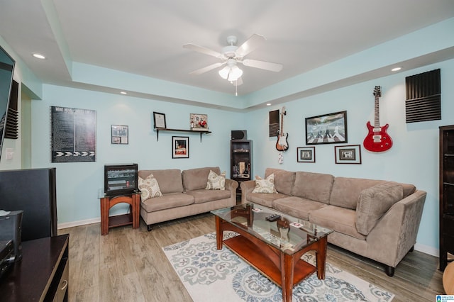 2246 Clairmont Dr, Leeds, AL 35094 - living room featuring ceiling fan, light wood-style floors, baseboards, and recessed lighting