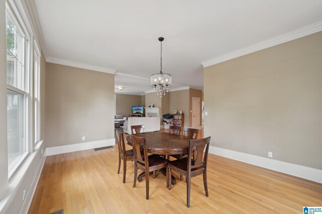 1710 Cullom St S, Birmingham, AL 35205 - dining room with a chandelier, light wood-style flooring, crown molding, and baseboards