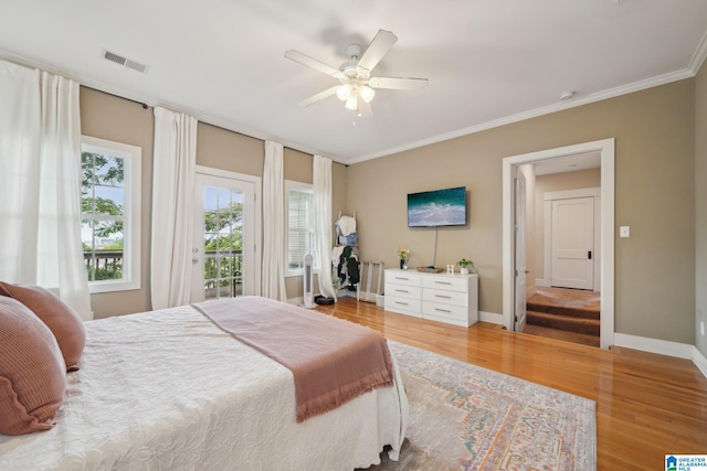 1710 Cullom St S, Birmingham, AL 35205 - bedroom featuring access to exterior, ornamental molding, light wood-type flooring, baseboards, and a ceiling fan
