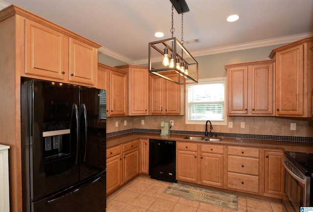 100 Weeping Cir, Wilsonville, AL 35186 - kitchen featuring black appliances, a sink, tasteful backsplash, light tile patterned floors, and ornamental molding