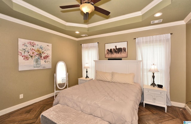 100 Weeping Cir, Wilsonville, AL 35186 - bedroom with a raised ceiling, baseboards, crown molding, recessed lighting, and a ceiling fan