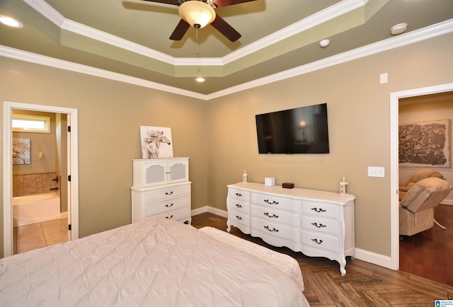 100 Weeping Cir, Wilsonville, AL 35186 - bedroom featuring a tray ceiling, crown molding, ensuite bathroom, baseboards, and recessed lighting