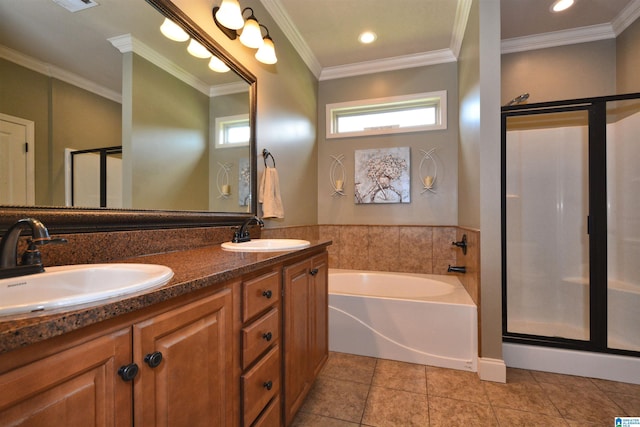 100 Weeping Cir, Wilsonville, AL 35186 - full bathroom featuring plenty of natural light, a stall shower, tile patterned floors, double vanity, and ornamental molding
