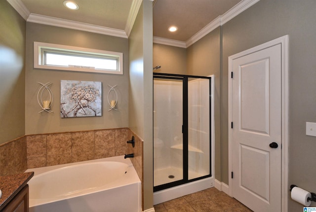 100 Weeping Cir, Wilsonville, AL 35186 - full bath with a bath, ornamental molding, a stall shower, vanity, and tile patterned flooring