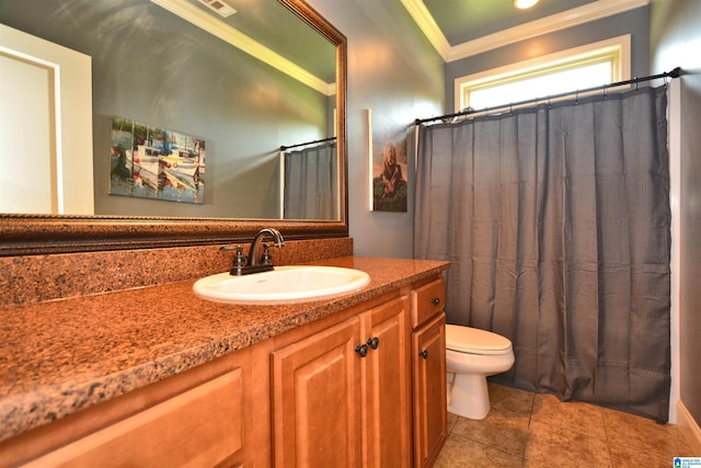 100 Weeping Cir, Wilsonville, AL 35186 - full bathroom featuring toilet, ornamental molding, vanity, tile patterned flooring, and a shower with shower curtain